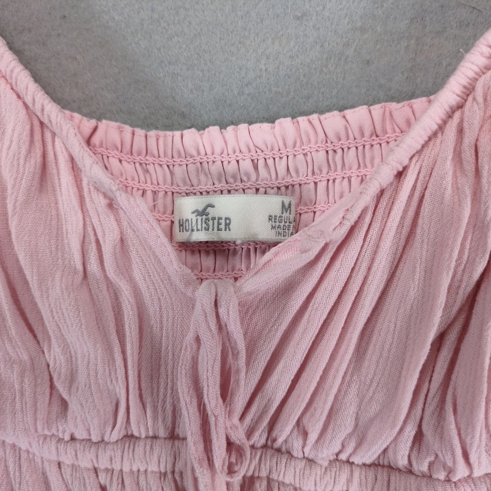 Hollister Pink Smocked Babydoll Romper Sz M Tie Front Lined Pockets Y2K Coquette - Picture 2 of 10